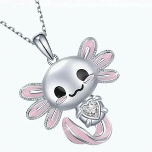 Cute Cartoon Axolotl Pink & Silver Pendant Necklace